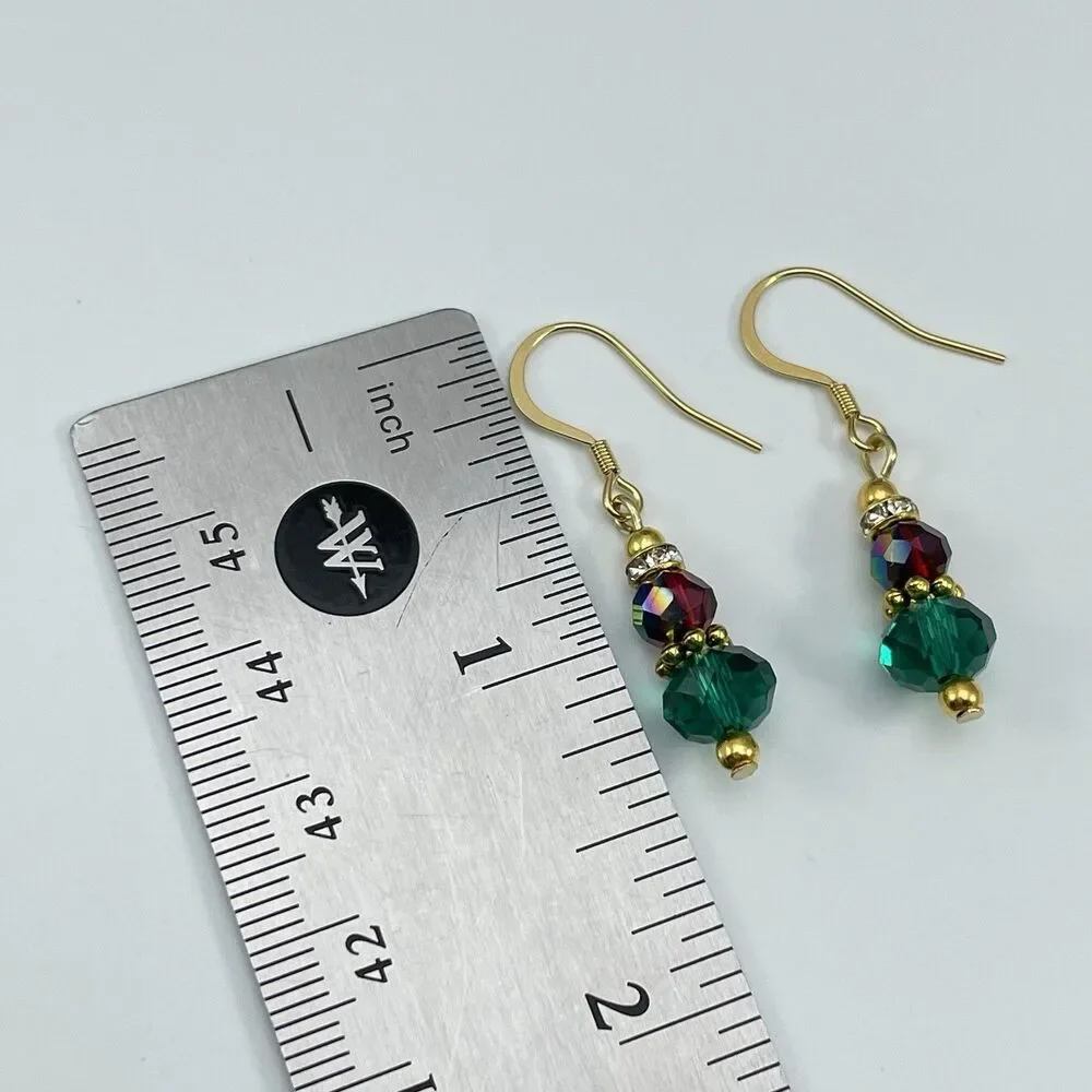 18K Gold Plated Teal Green Red AB Glass Beaded Dangle Earrings Dainty Unique